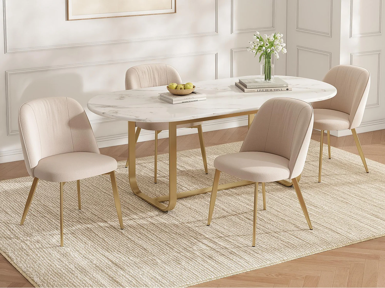 Lot de 4 chaises modernes - Dossier confortable - Pieds en métal - Revêtement en velours - Beige