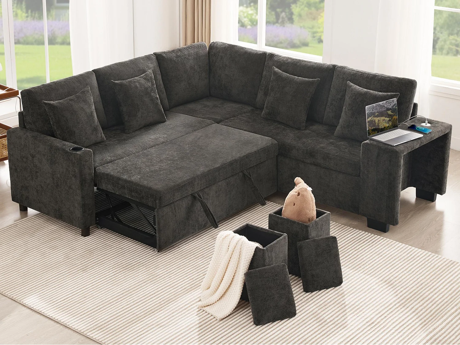 Canapé d'angle en L - 5 places - avec porte-gobelets - ports USB + USB-C - Tissu chenille - avec coussins - gris