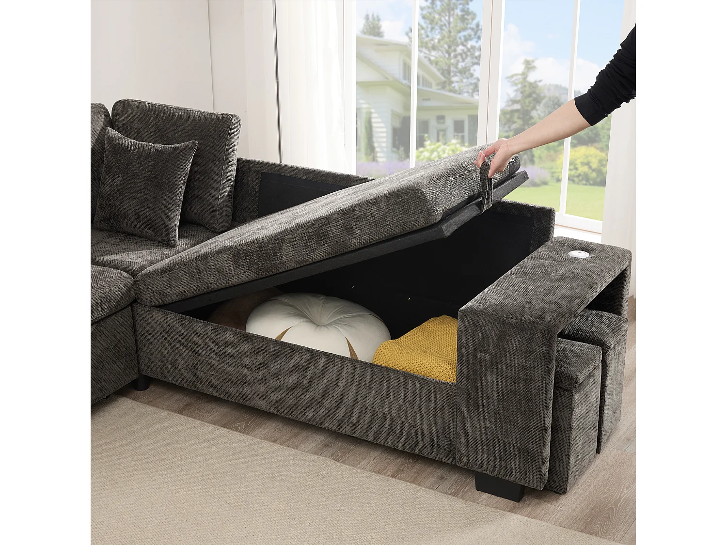 Canapé d'angle en L - 5 places - avec porte-gobelets - ports USB + USB-C - Tissu chenille - avec coussins - gris