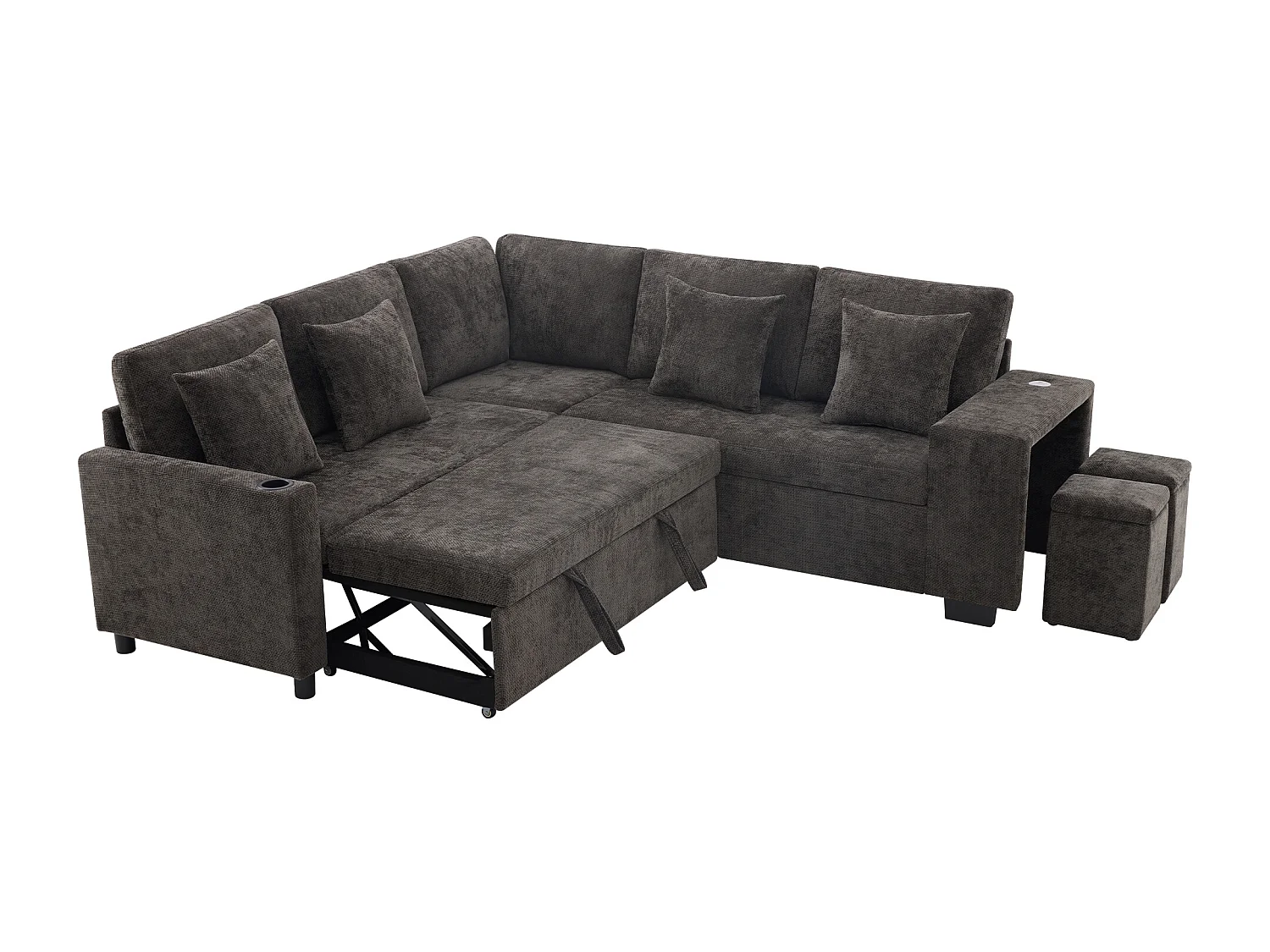 Canapé d'angle en L - 5 places - avec porte-gobelets - ports USB + USB-C - Tissu chenille - avec coussins - gris