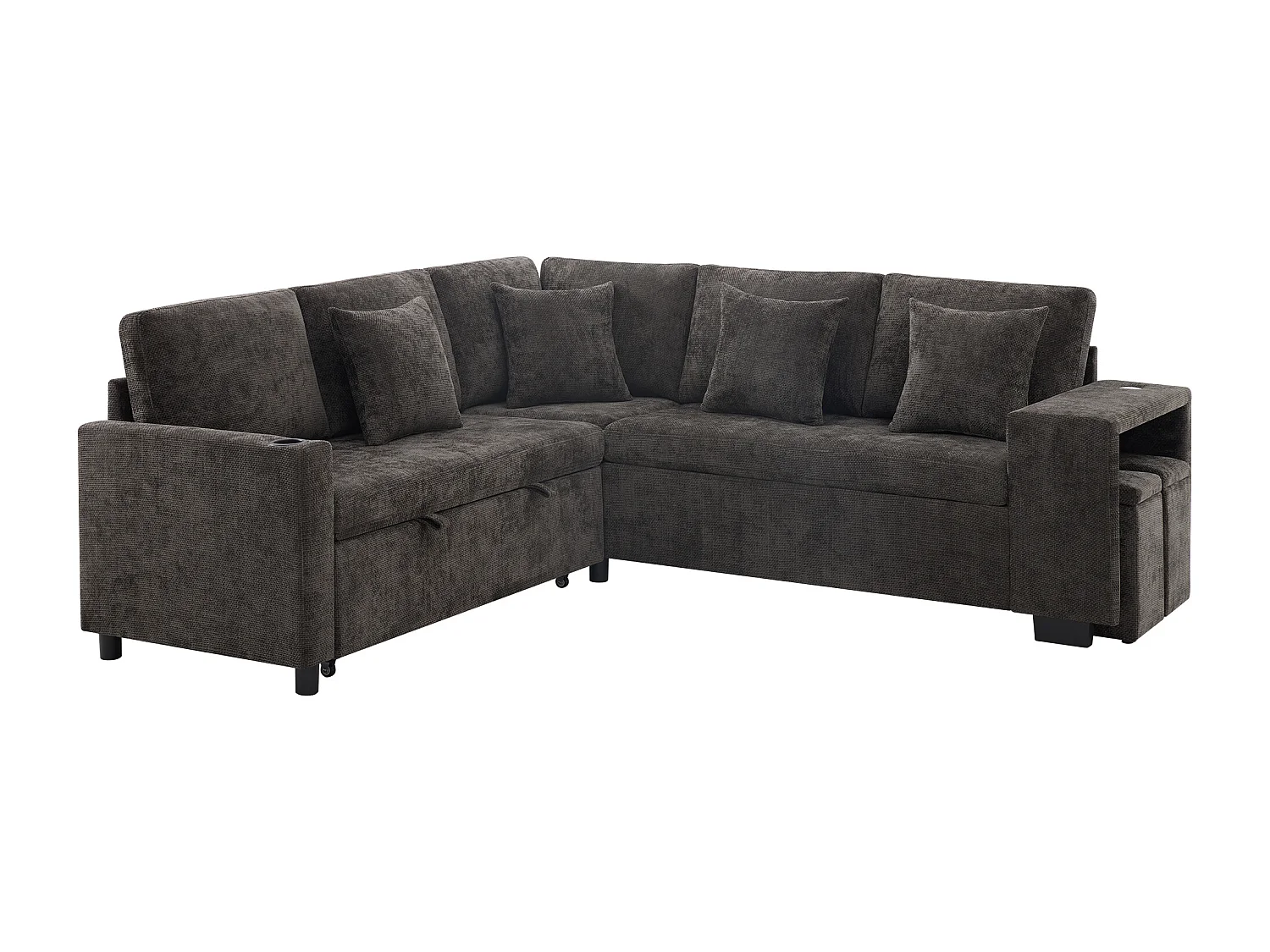 Canapé d'angle en L - 5 places - avec porte-gobelets - ports USB + USB-C - Tissu chenille - avec coussins - gris