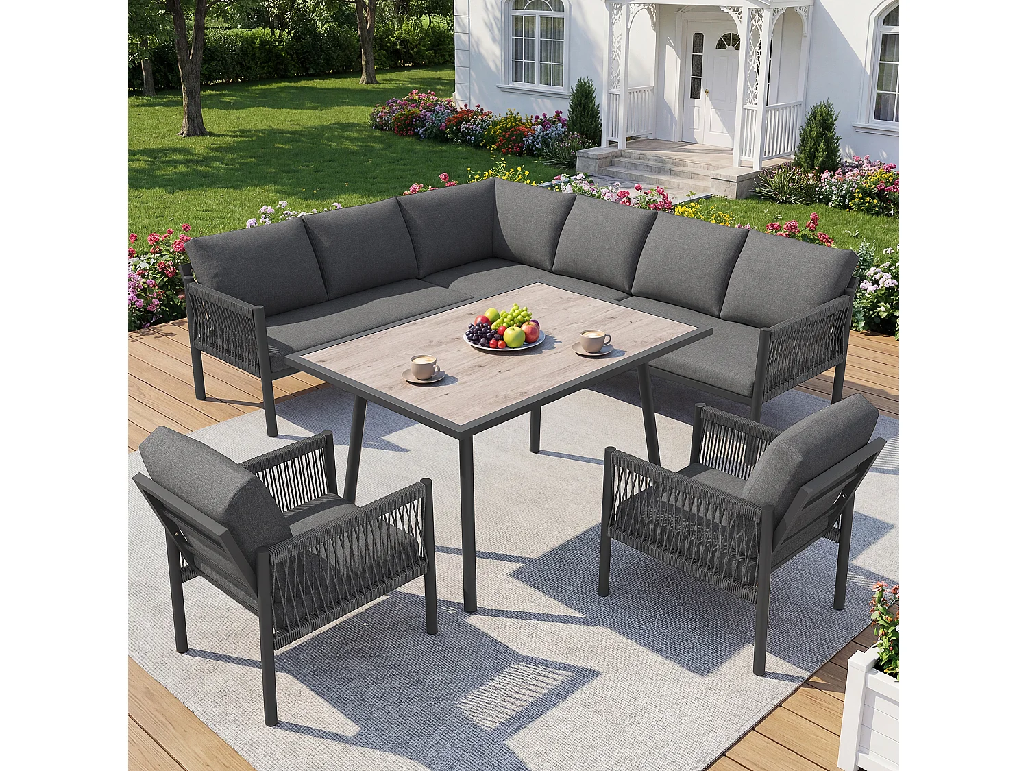 Saloon Ogrodowy Jadalniany w Kształcie L 7-8 Osób - Stół ze Szklanym Blatem w Stylu Drewna, Kanapa i 2 Fotele z Plecionego Sznurka - Stal i Poliester - Szary