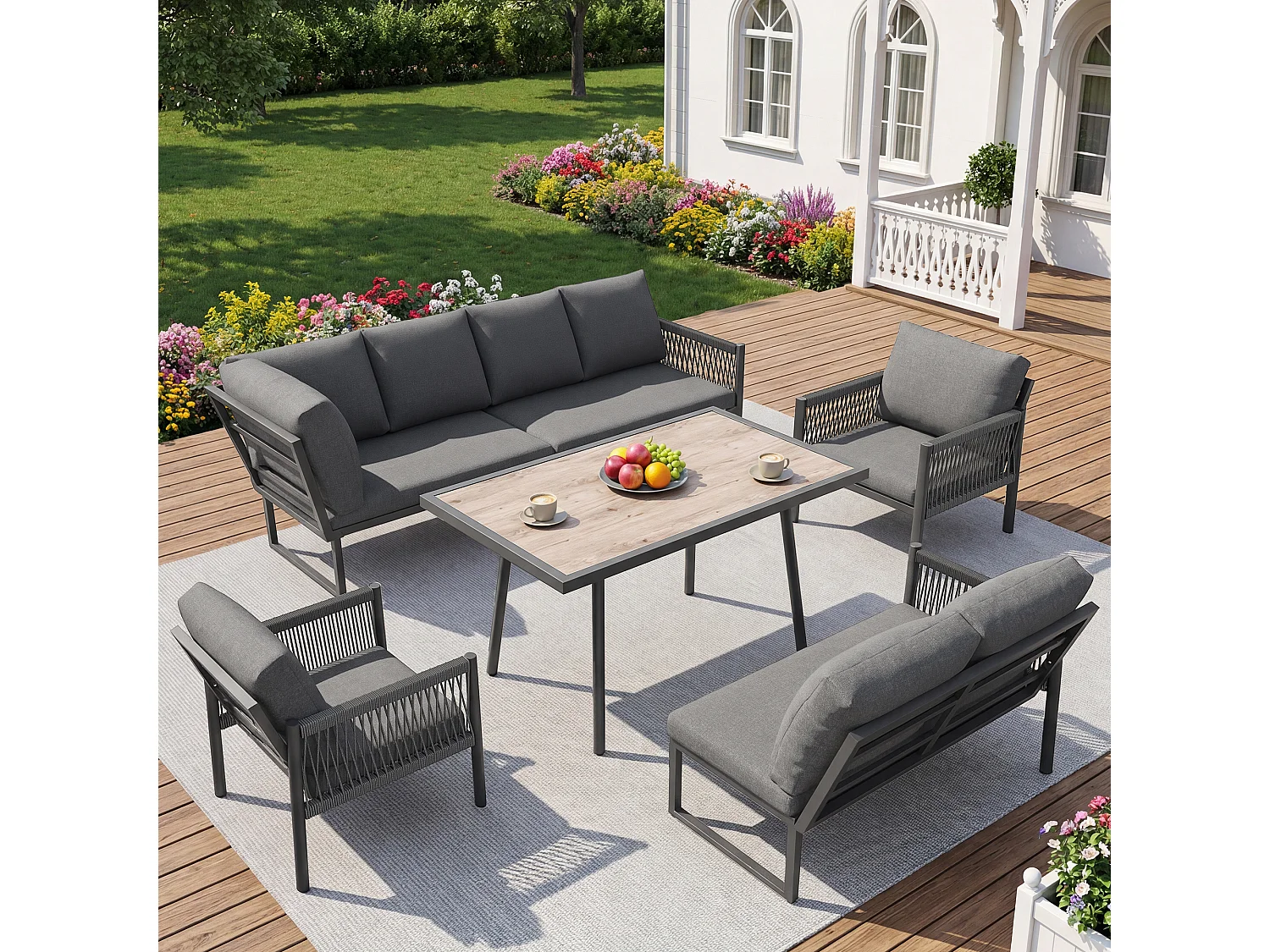 Saloon Ogrodowy Jadalniany w Kształcie L 7-8 Osób - Stół ze Szklanym Blatem w Stylu Drewna, Kanapa i 2 Fotele z Plecionego Sznurka - Stal i Poliester - Szary