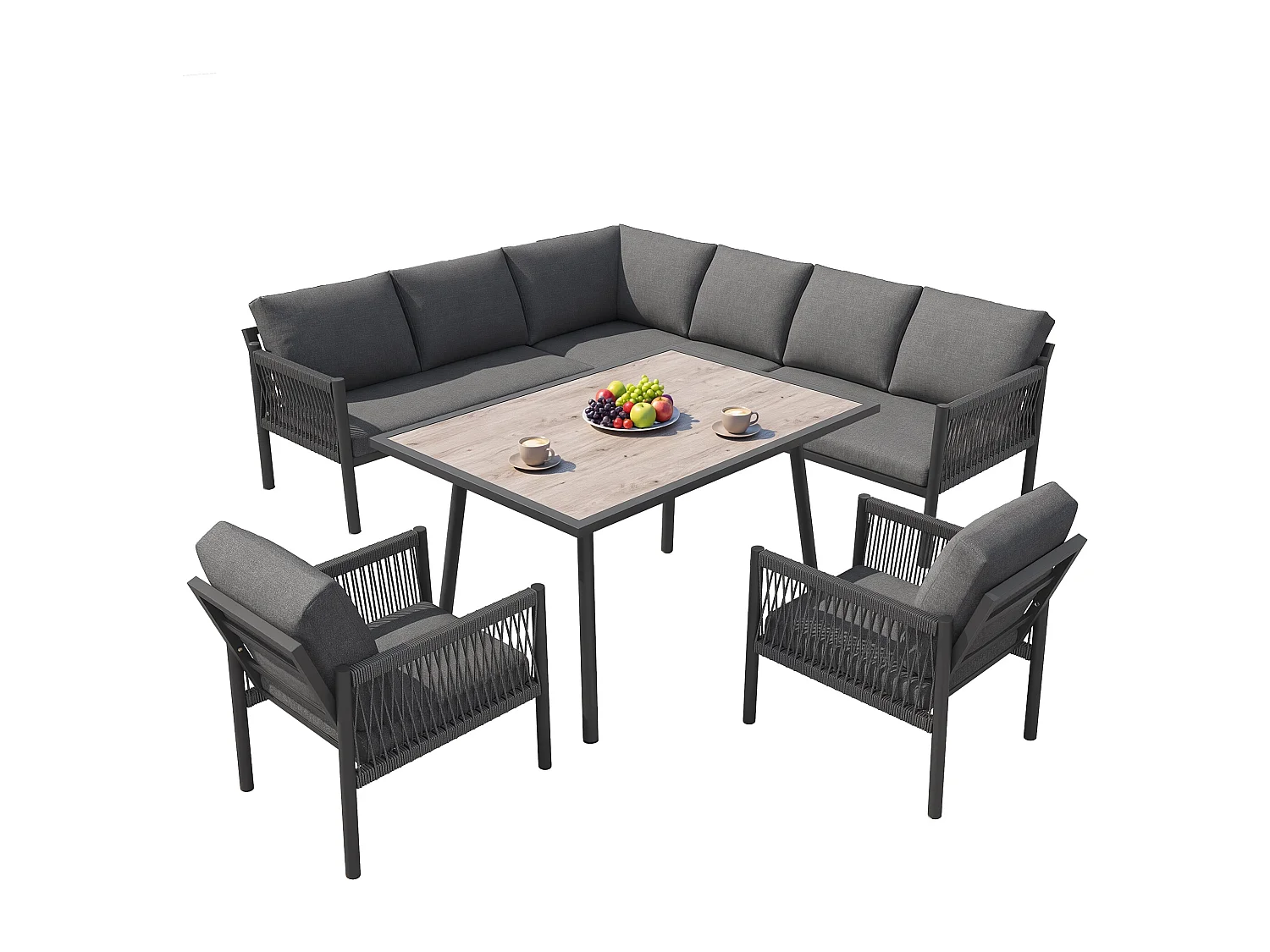 Saloon Ogrodowy Jadalniany w Kształcie L 7-8 Osób - Stół ze Szklanym Blatem w Stylu Drewna, Kanapa i 2 Fotele z Plecionego Sznurka - Stal i Poliester - Szary