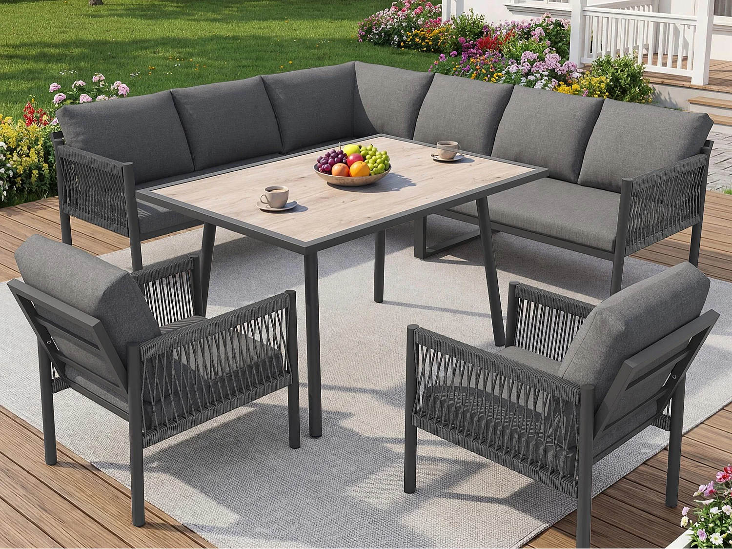 Saloon Ogrodowy Jadalniany w Kształcie L 7-8 Osób - Stół ze Szklanym Blatem w Stylu Drewna, Kanapa i 2 Fotele z Plecionego Sznurka - Stal i Poliester - Szary