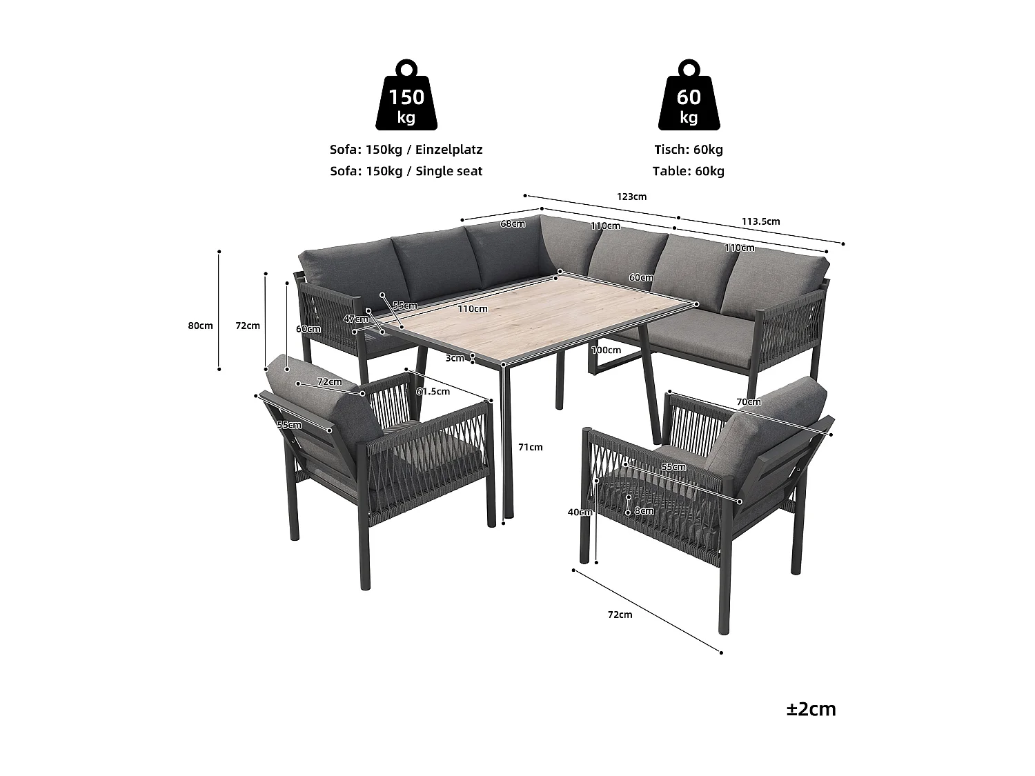 Saloon Ogrodowy Jadalniany w Kształcie L 7-8 Osób - Stół ze Szklanym Blatem w Stylu Drewna, Kanapa i 2 Fotele z Plecionego Sznurka - Stal i Poliester - Szary