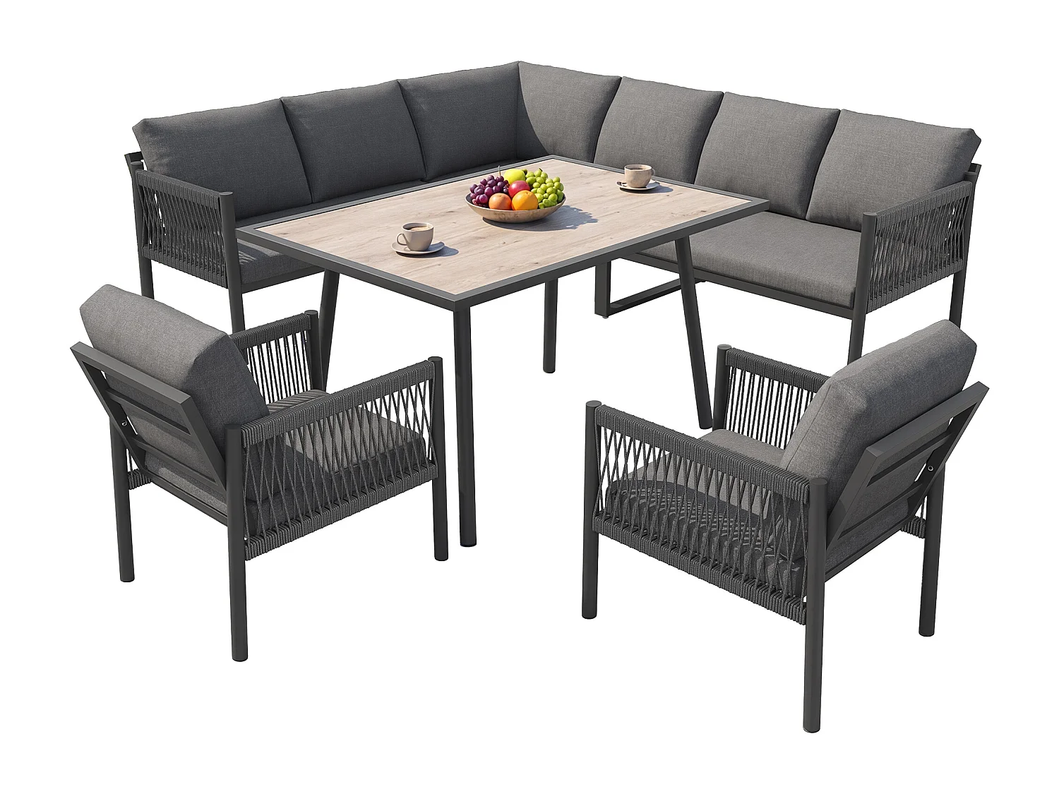 Saloon Ogrodowy Jadalniany w Kształcie L 7-8 Osób - Stół ze Szklanym Blatem w Stylu Drewna, Kanapa i 2 Fotele z Plecionego Sznurka - Stal i Poliester - Szary