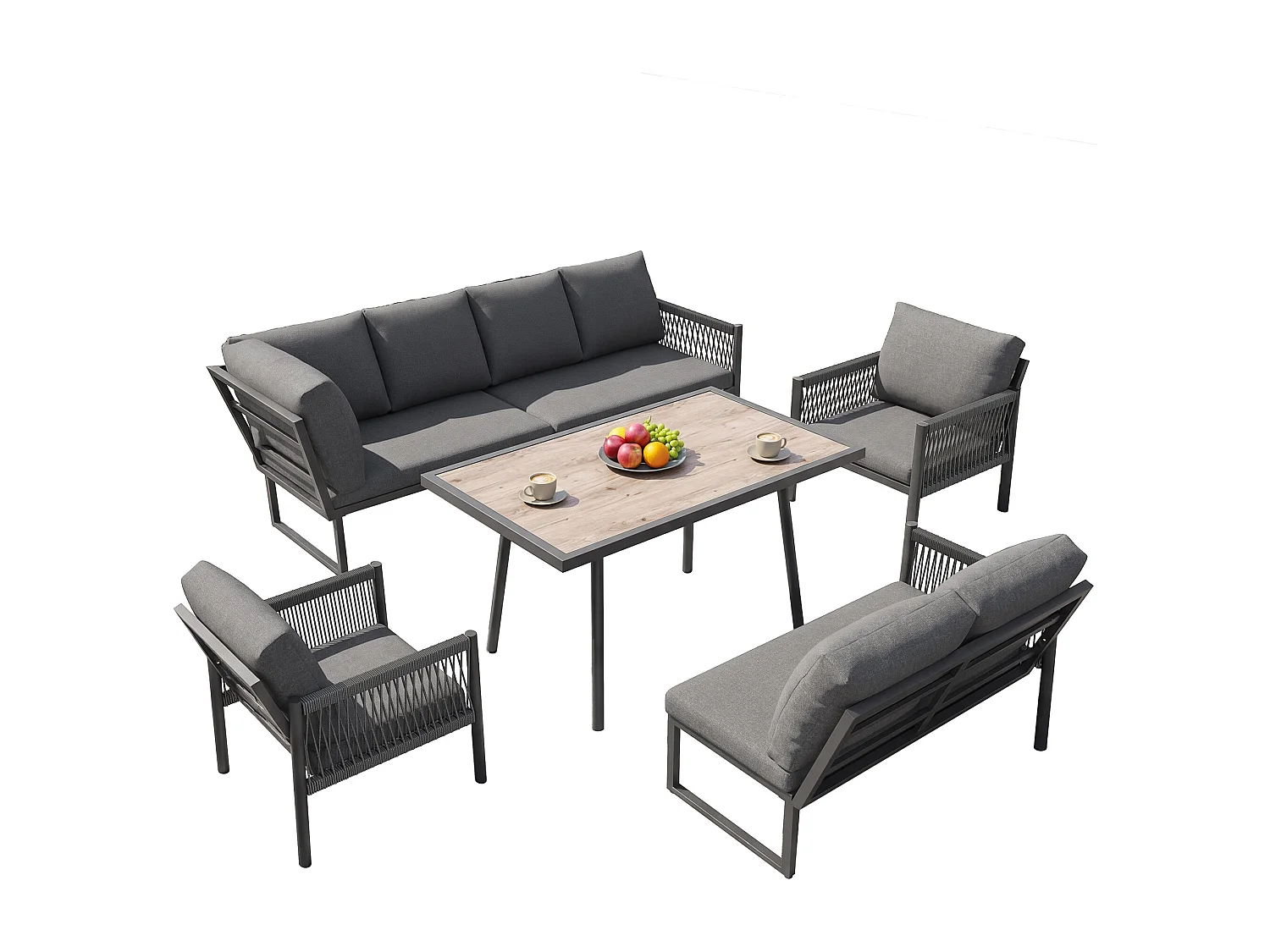 Saloon Ogrodowy Jadalniany w Kształcie L 7-8 Osób - Stół ze Szklanym Blatem w Stylu Drewna, Kanapa i 2 Fotele z Plecionego Sznurka - Stal i Poliester - Szary