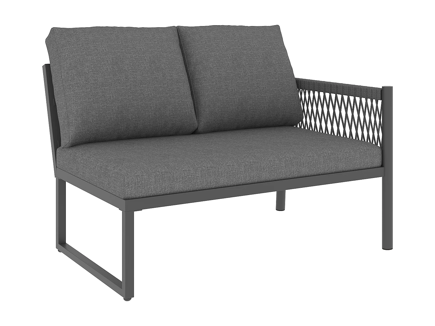 Saloon Ogrodowy Jadalniany w Kształcie L 7-8 Osób - Stół ze Szklanym Blatem w Stylu Drewna, Kanapa i 2 Fotele z Plecionego Sznurka - Stal i Poliester - Szary