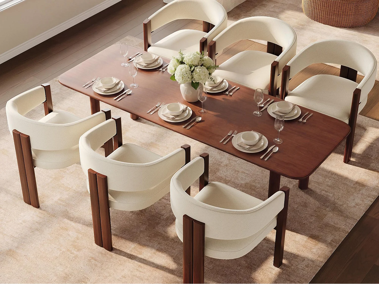 Set aus 6 gepolsterten Esstischstühlen - aus Flanellstoff - Eisenfüße in Holzoptik - beige