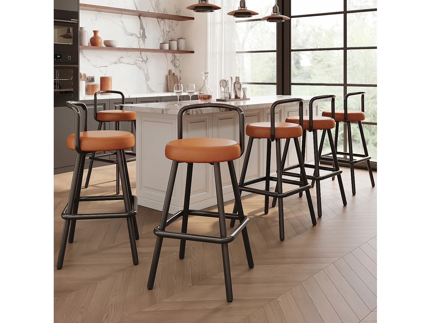 Lot de 6 tabourets de bar rembourrés - cuir PU imperméable - avec dossier et repose-pieds - structure en métal - Style rétro - marron