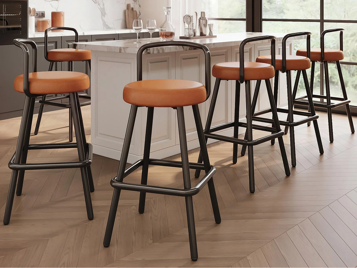 Lot de 6 tabourets de bar rembourrés - cuir PU imperméable - avec dossier et repose-pieds - structure en métal - Style rétro - marron