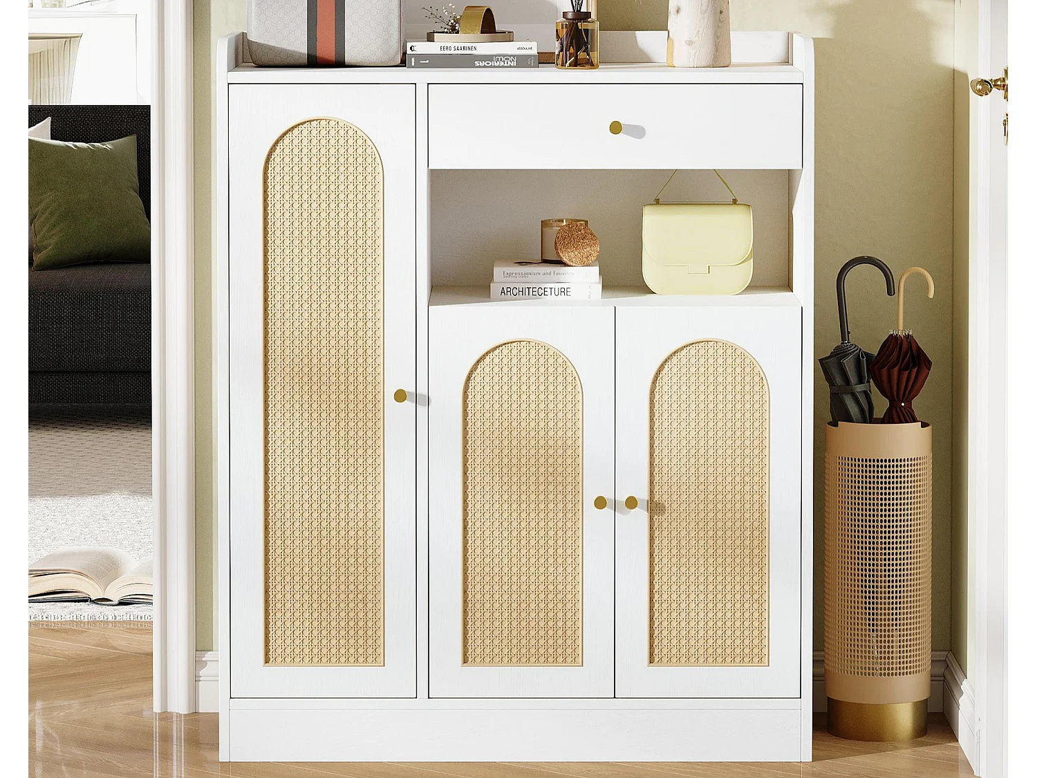 Schuhschrank aus Korbgeflecht 90 x 35 x 110 cm - mit 1 Schublade und 3 Türen - Höhenverstellbare Einlegeböden - Natur + Weiß