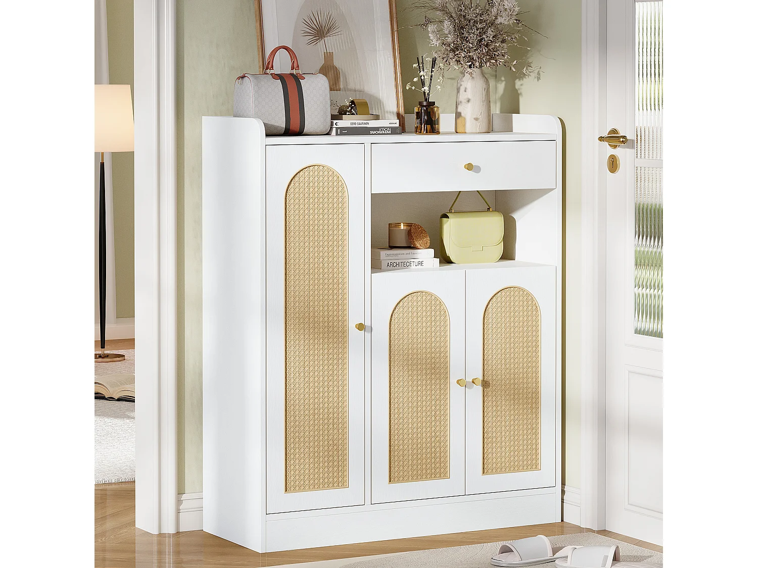 Schuhschrank aus Korbgeflecht 90 x 35 x 110 cm - mit 1 Schublade und 3 Türen - Höhenverstellbare Einlegeböden - Natur + Weiß