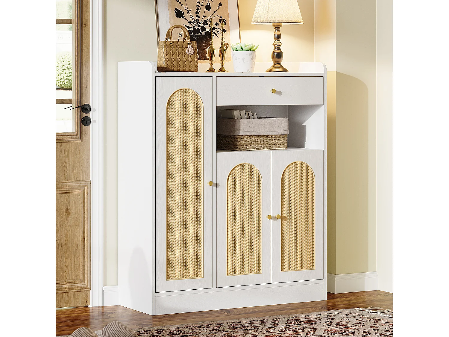 Schuhschrank aus Korbgeflecht 90 x 35 x 110 cm - mit 1 Schublade und 3 Türen - Höhenverstellbare Einlegeböden - Natur + Weiß