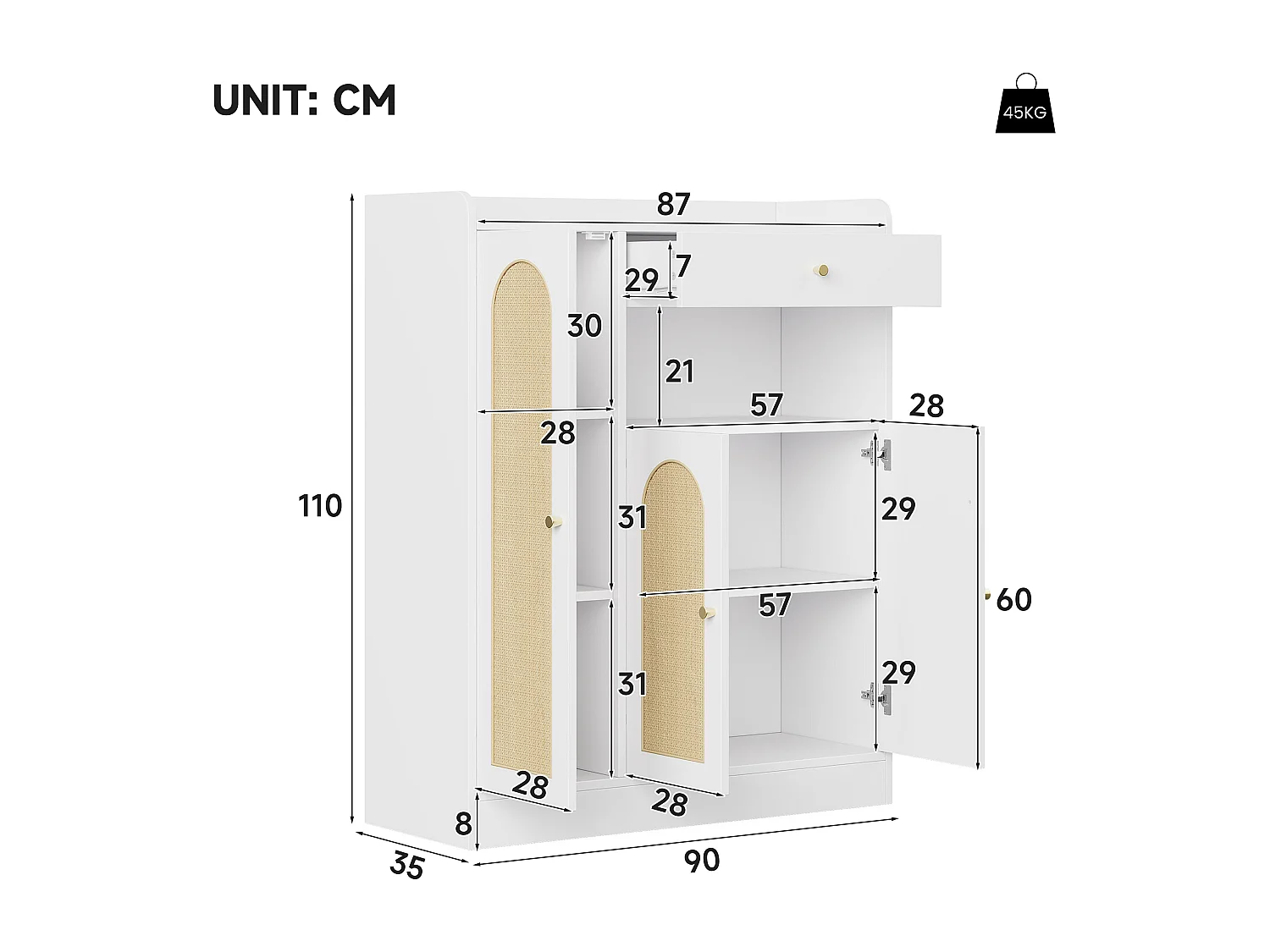 Schuhschrank aus Korbgeflecht 90 x 35 x 110 cm - mit 1 Schublade und 3 Türen - Höhenverstellbare Einlegeböden - Natur + Weiß