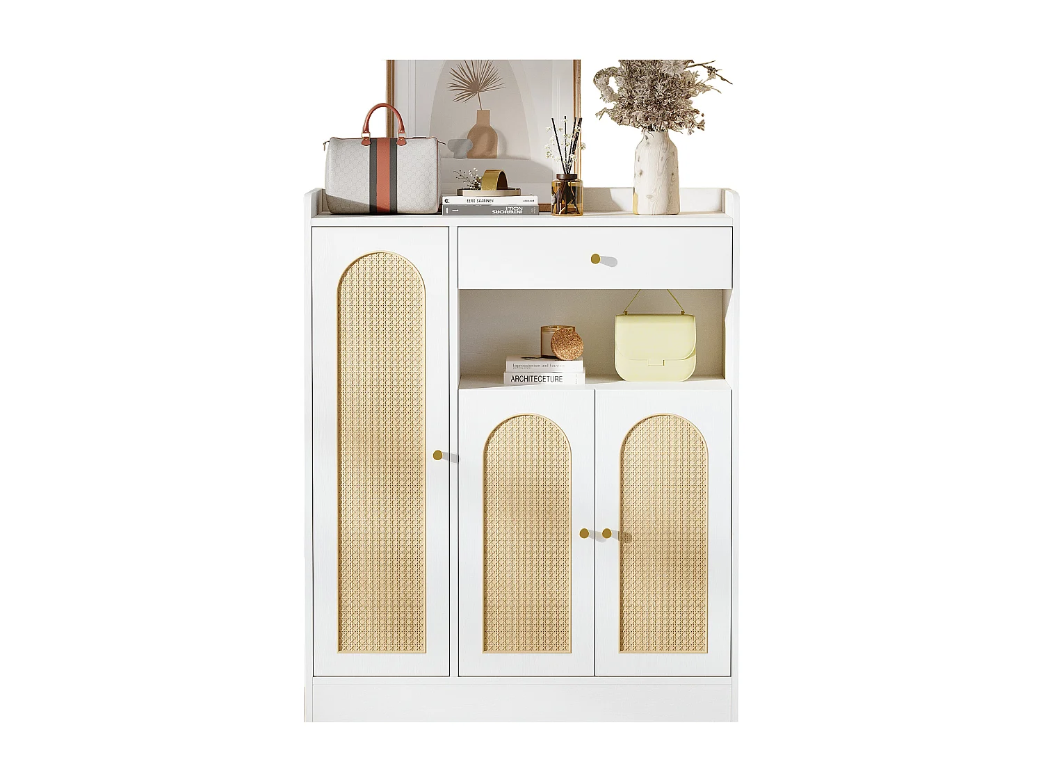 Schuhschrank aus Korbgeflecht 90 x 35 x 110 cm - mit 1 Schublade und 3 Türen - Höhenverstellbare Einlegeböden - Natur + Weiß