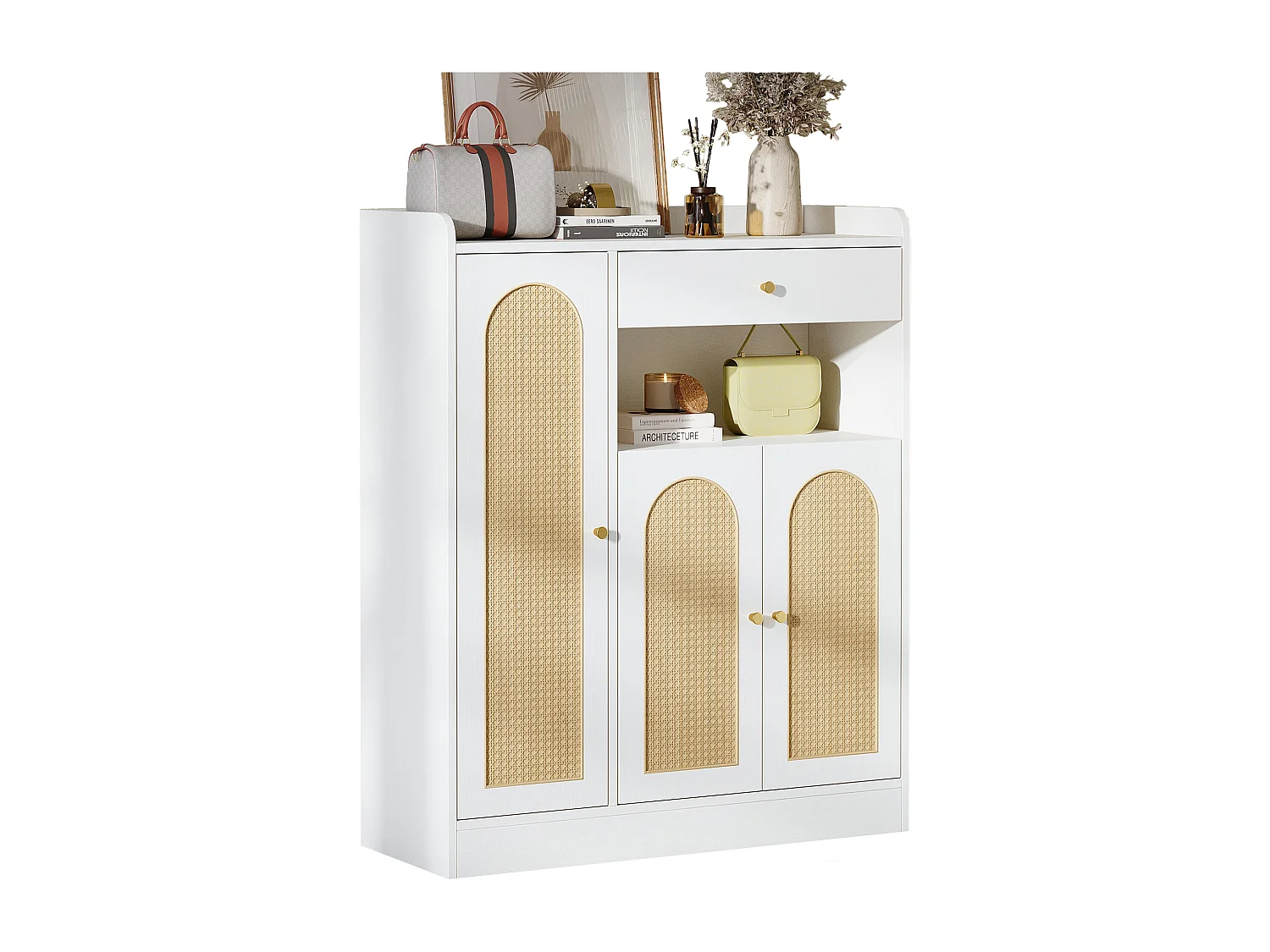 Schuhschrank aus Korbgeflecht 90 x 35 x 110 cm - mit 1 Schublade und 3 Türen - Höhenverstellbare Einlegeböden - Natur + Weiß