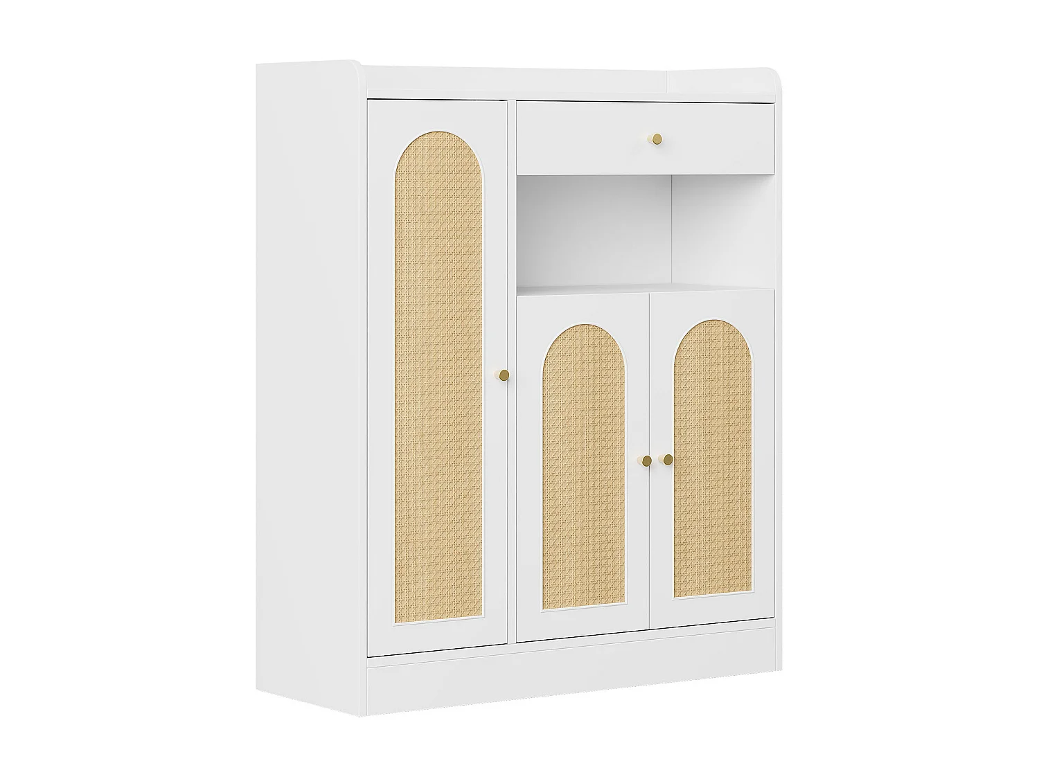 Schuhschrank aus Korbgeflecht 90 x 35 x 110 cm - mit 1 Schublade und 3 Türen - Höhenverstellbare Einlegeböden - Natur + Weiß