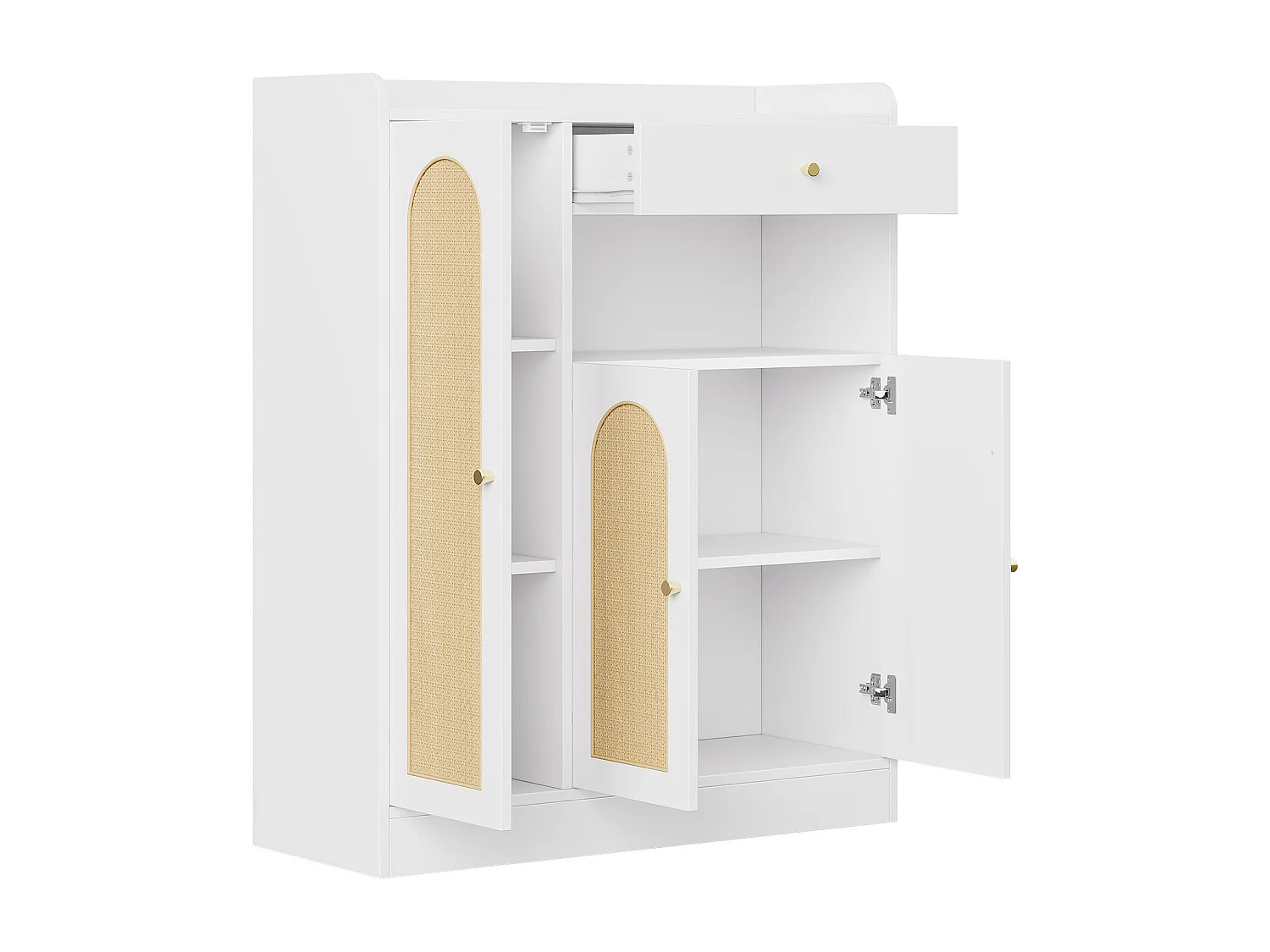 Schuhschrank aus Korbgeflecht 90 x 35 x 110 cm - mit 1 Schublade und 3 Türen - Höhenverstellbare Einlegeböden - Natur + Weiß