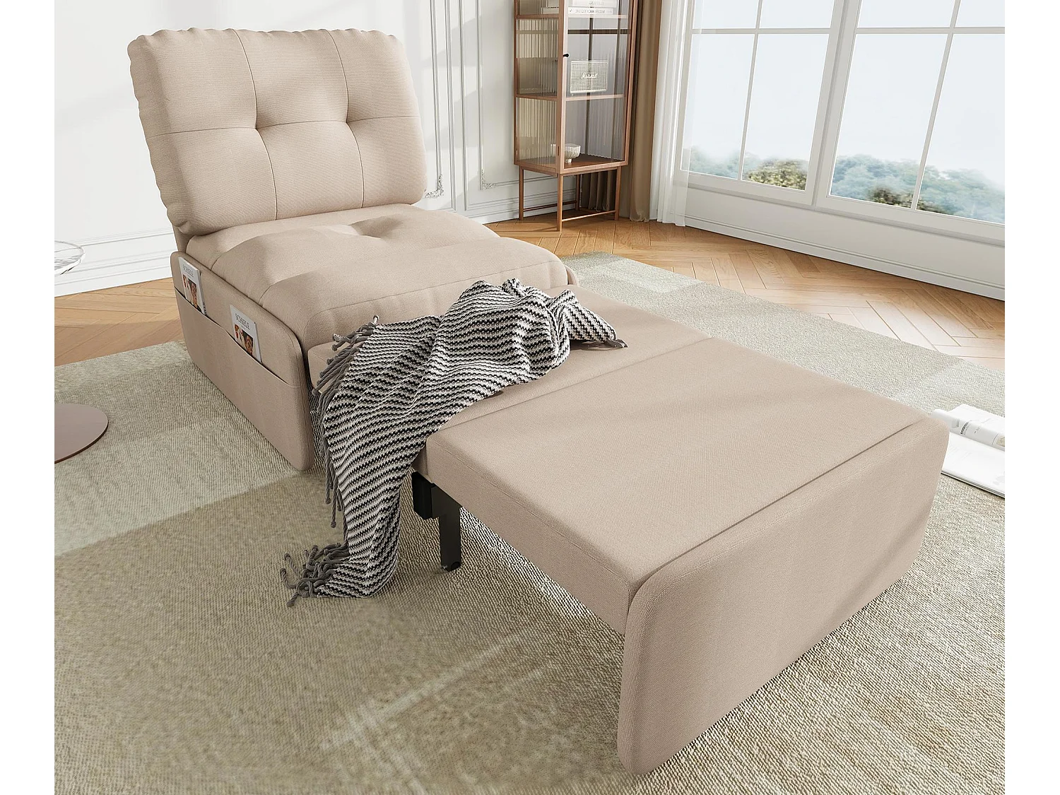 Canapé 1 place 2 en 1 - Canapé-lit, Fauteuil - Avec matelas dépliable - Sac de rangement - Structure en bois +Tissu lin - Beige