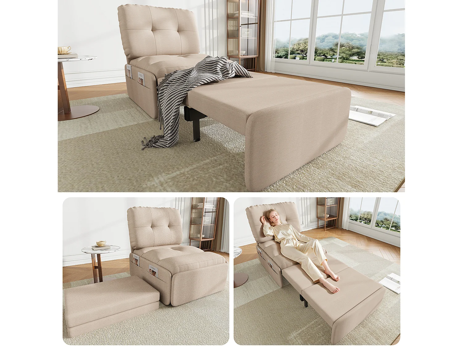 Canapé 1 place 2 en 1 - Canapé-lit, Fauteuil - Avec matelas dépliable - Sac de rangement - Structure en bois +Tissu lin - Beige