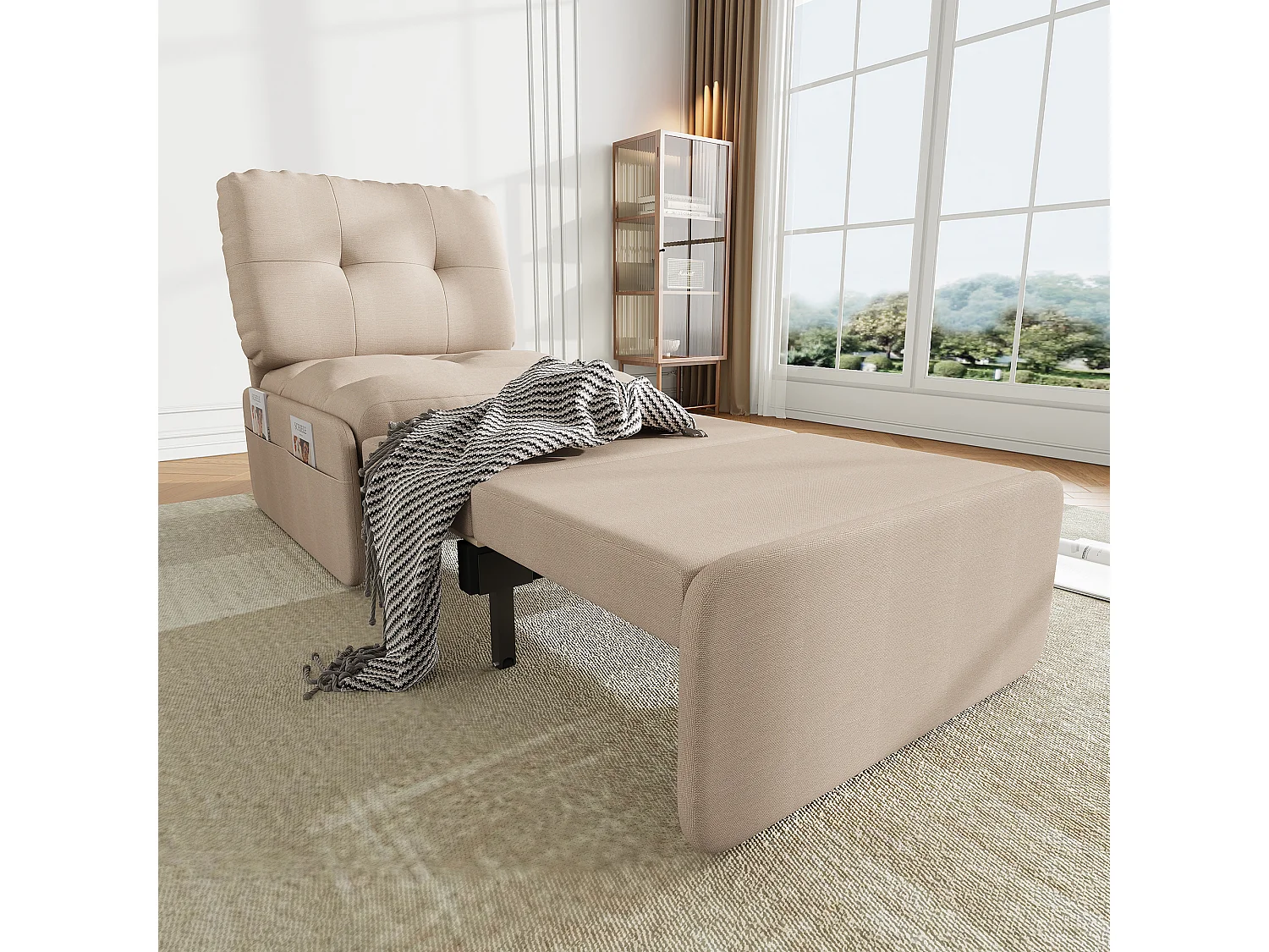 Canapé 1 place 2 en 1 - Canapé-lit, Fauteuil - Avec matelas dépliable - Sac de rangement - Structure en bois +Tissu lin - Beige