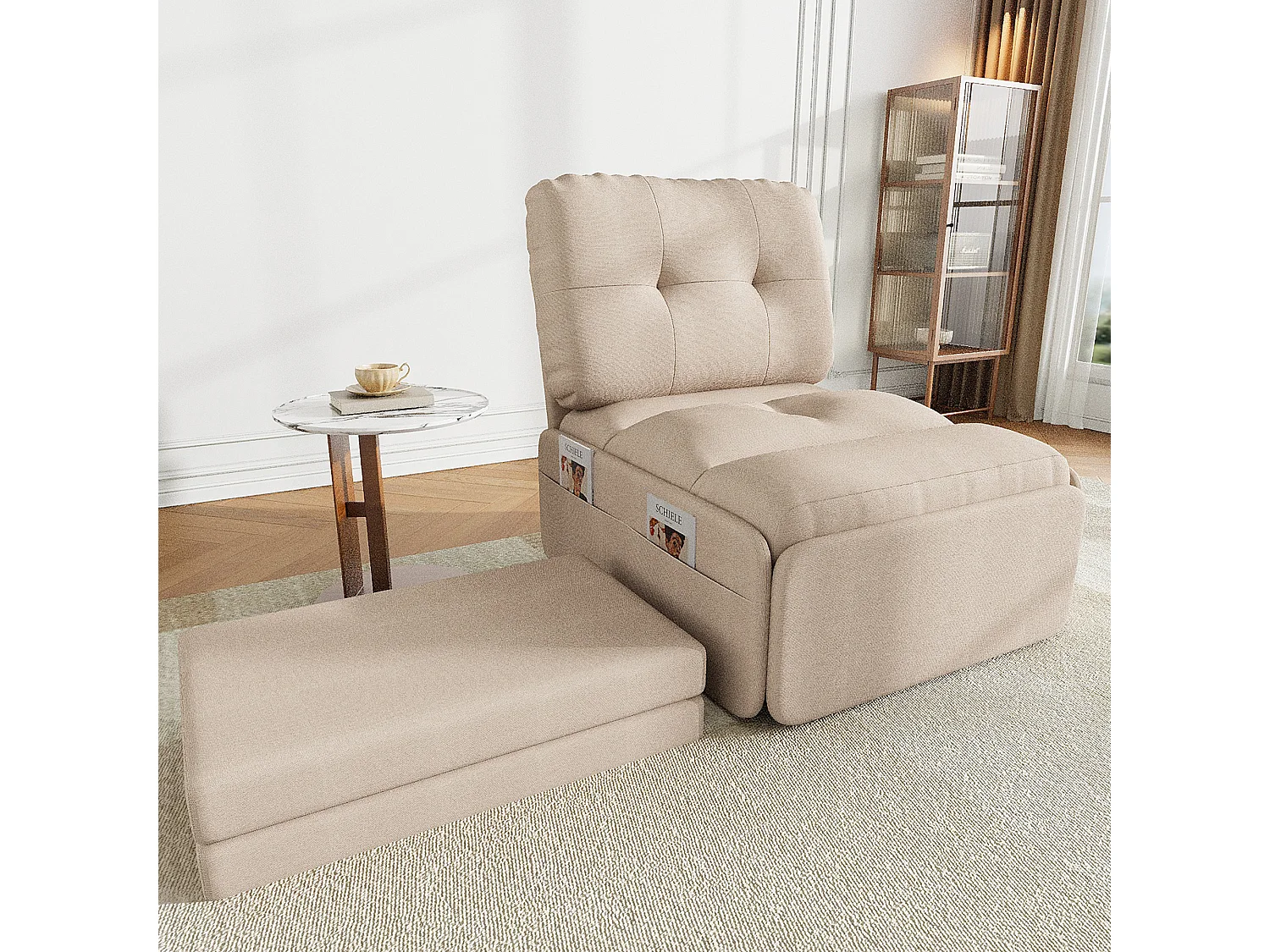 Canapé 1 place 2 en 1 - Canapé-lit, Fauteuil - Avec matelas dépliable - Sac de rangement - Structure en bois +Tissu lin - Beige