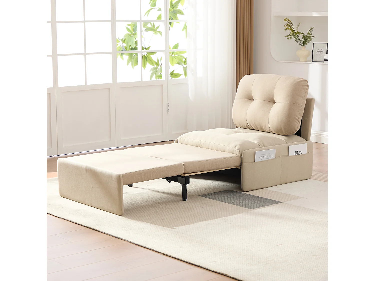 Canapé 1 place 2 en 1 - Canapé-lit, Fauteuil - Avec matelas dépliable - Sac de rangement - Structure en bois +Tissu lin - Beige