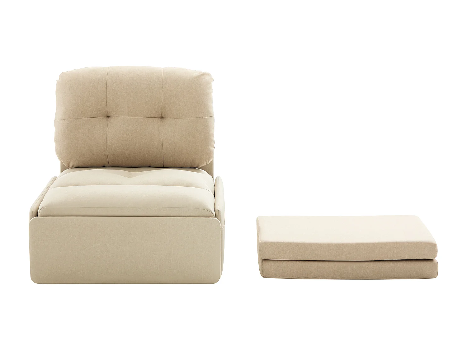 Canapé 1 place 2 en 1 - Canapé-lit, Fauteuil - Avec matelas dépliable - Sac de rangement - Structure en bois +Tissu lin - Beige