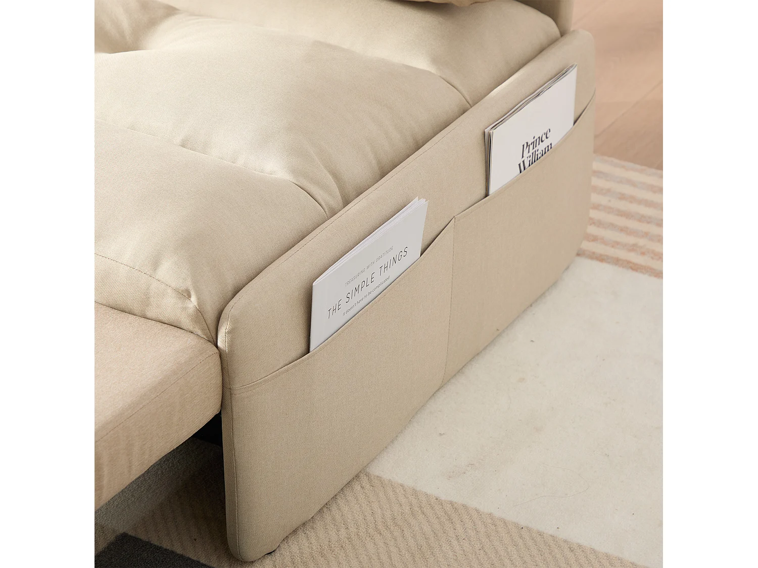 Canapé 1 place 2 en 1 - Canapé-lit, Fauteuil - Avec matelas dépliable - Sac de rangement - Structure en bois +Tissu lin - Beige