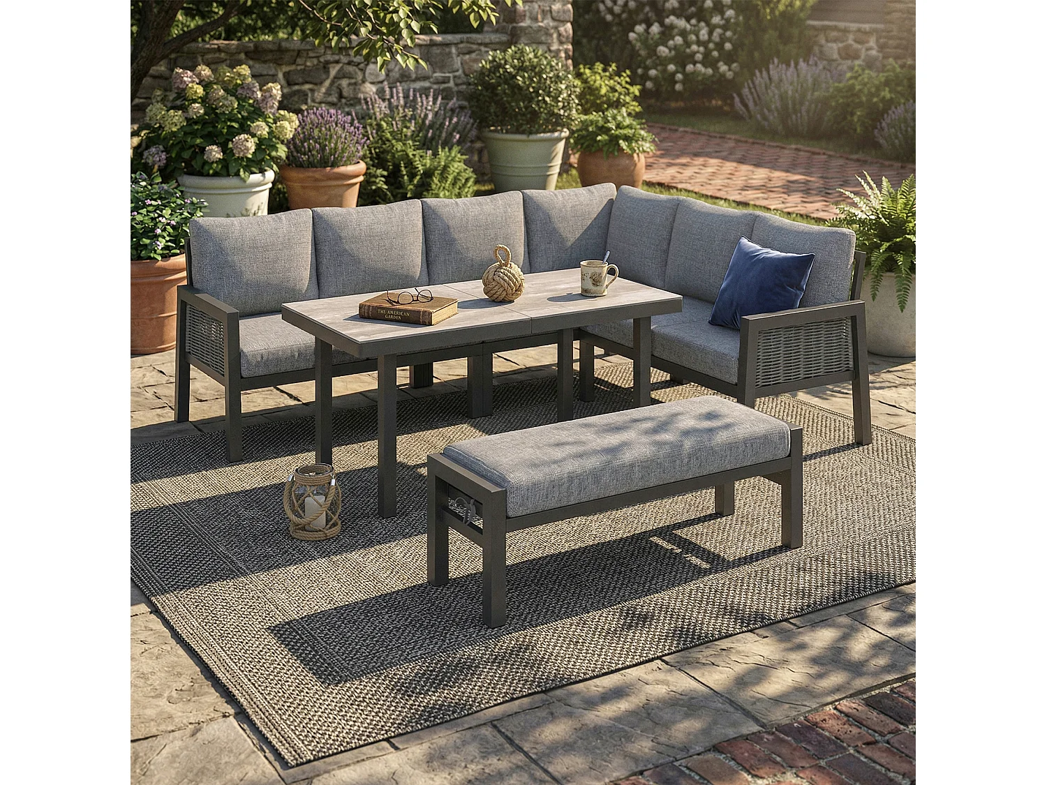 XL Tuinsalon 8 Personen - Hoek Eetgroep met Grote Tafel en Bank - Handgevlochten Koord - Gegalvaniseerd Staal en Glas - Antracietgrijs