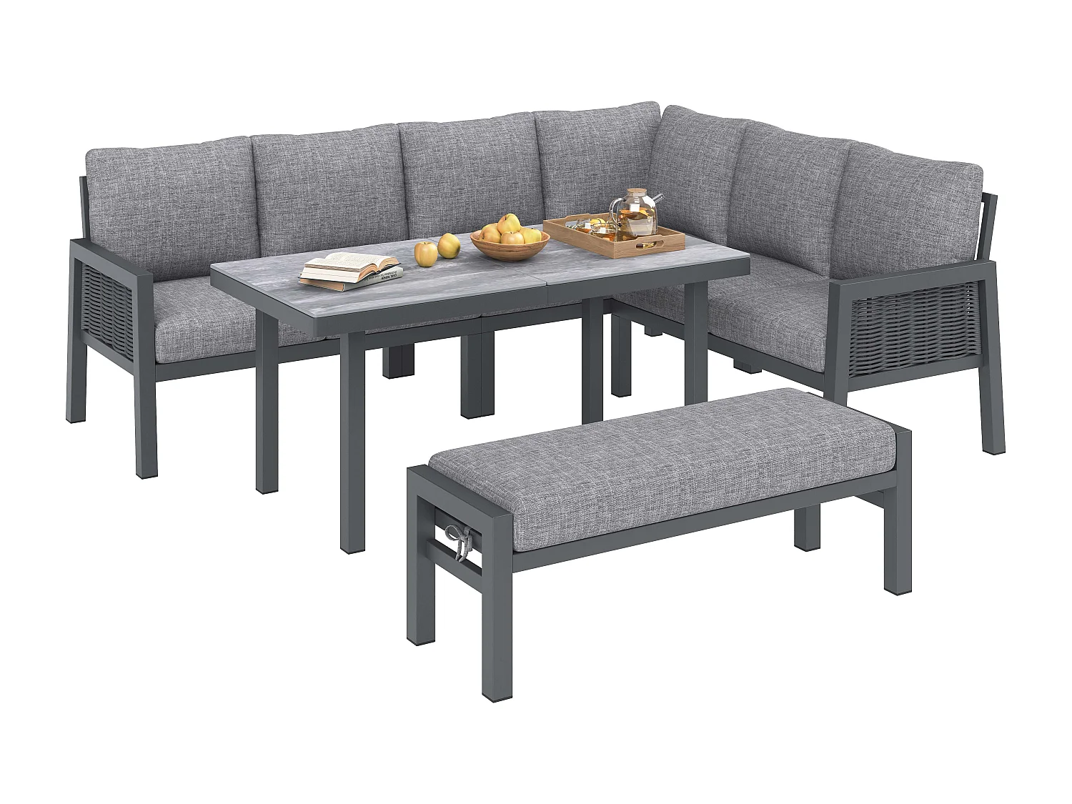 XL Tuinsalon 8 Personen - Hoek Eetgroep met Grote Tafel en Bank - Handgevlochten Koord - Gegalvaniseerd Staal en Glas - Antracietgrijs