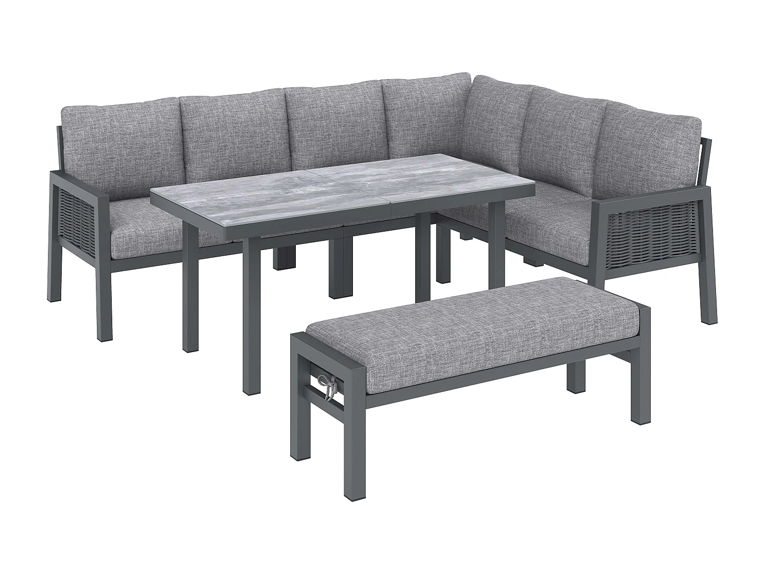 XL Tuinsalon 8 Personen - Hoek Eetgroep met Grote Tafel en Bank - Handgevlochten Koord - Gegalvaniseerd Staal en Glas - Antracietgrijs