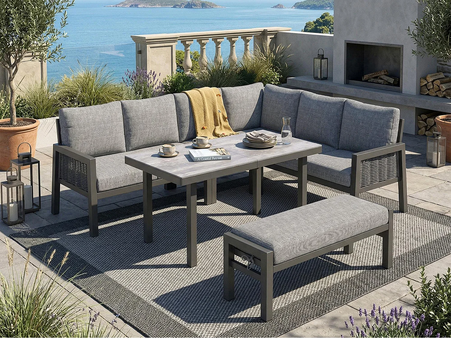 XL Tuinsalon 8 Personen - Hoek Eetgroep met Grote Tafel en Bank - Handgevlochten Koord - Gegalvaniseerd Staal en Glas - Antracietgrijs