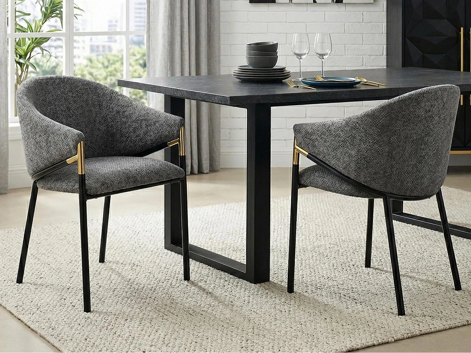 Set aus 2 Stühlen - Moderner Stil - Samtstoff - Armlehnen aus goldenem Edelstahl - Dicke Rückenlehne - Grau