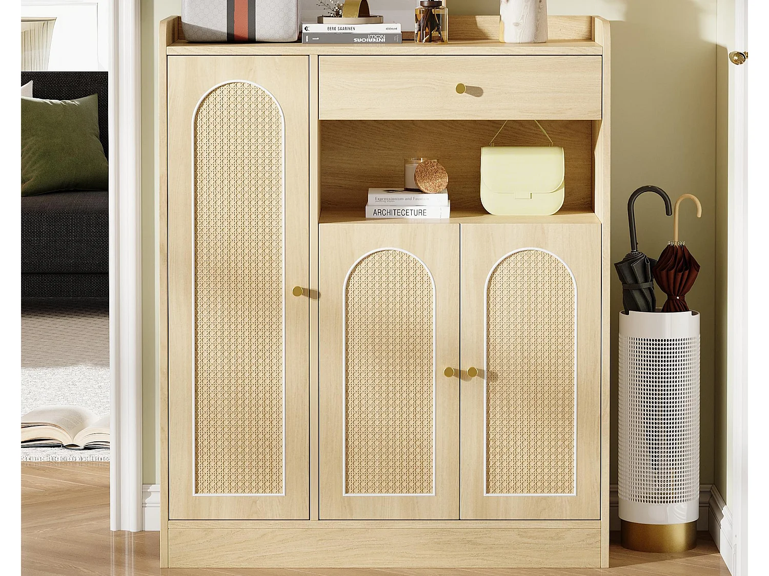 Schuhschrank aus Korbgeflecht 90 x 35 x 110 cm - mit 1 Schublade und 3 Türen - Höhenverstellbare Einlegeböden - Natur