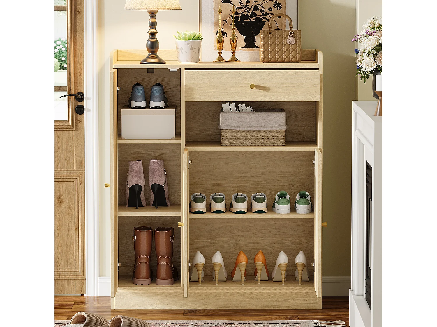 Schuhschrank aus Korbgeflecht 90 x 35 x 110 cm - mit 1 Schublade und 3 Türen - Höhenverstellbare Einlegeböden - Natur