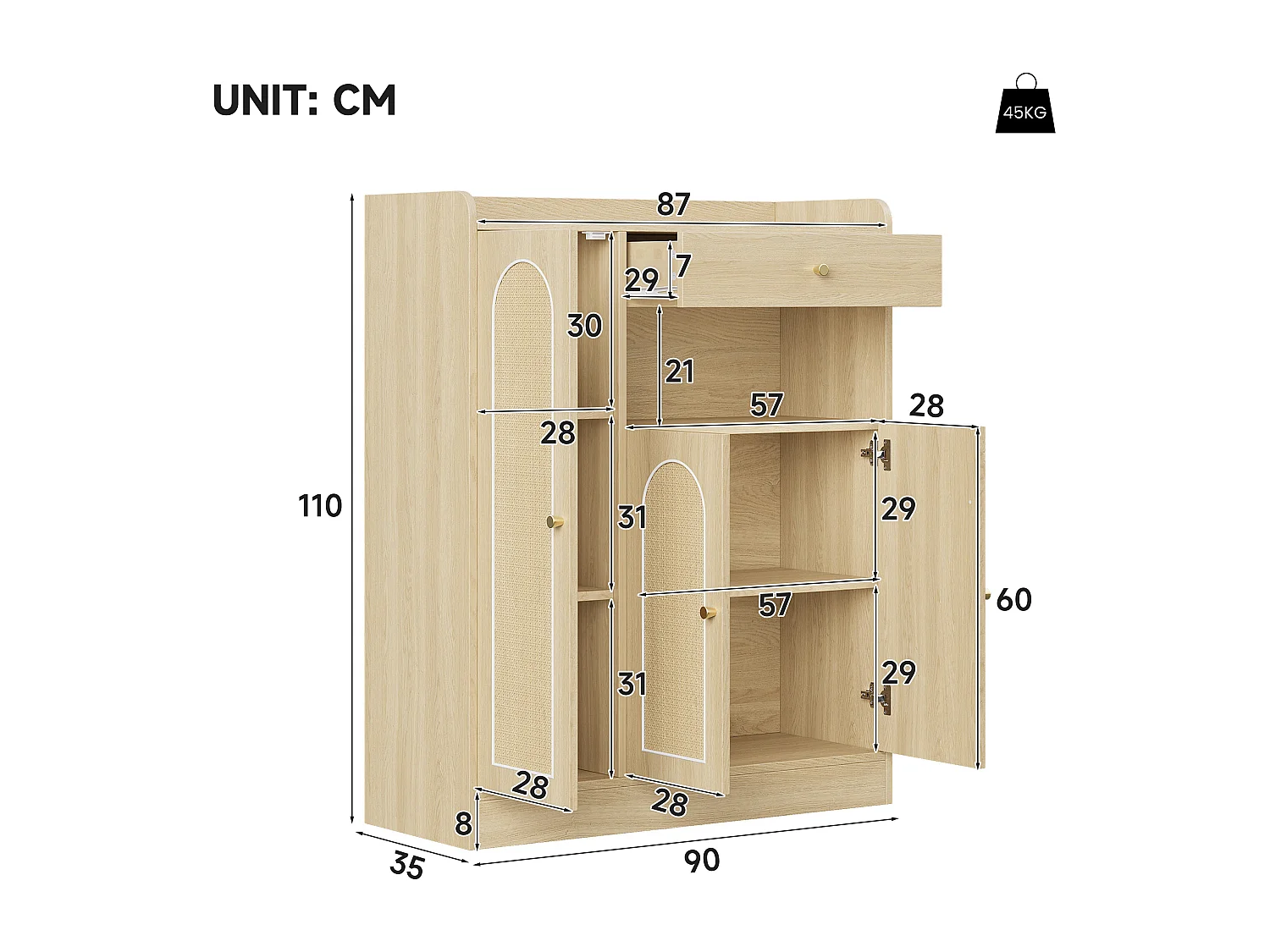 Schuhschrank aus Korbgeflecht 90 x 35 x 110 cm - mit 1 Schublade und 3 Türen - Höhenverstellbare Einlegeböden - Natur