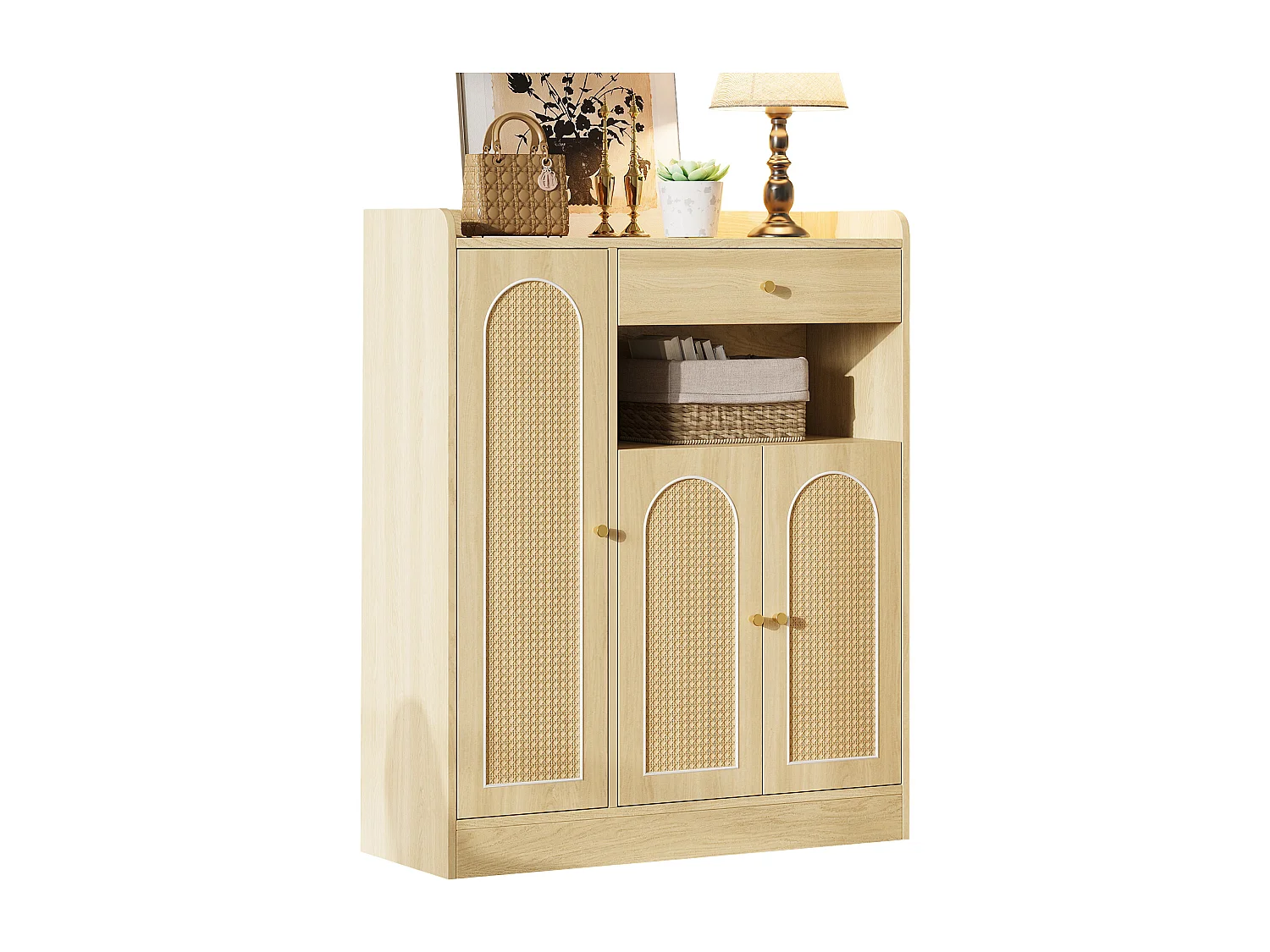 Schuhschrank aus Korbgeflecht 90 x 35 x 110 cm - mit 1 Schublade und 3 Türen - Höhenverstellbare Einlegeböden - Natur
