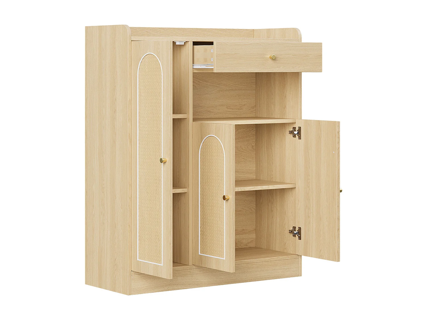 Schuhschrank aus Korbgeflecht 90 x 35 x 110 cm - mit 1 Schublade und 3 Türen - Höhenverstellbare Einlegeböden - Natur