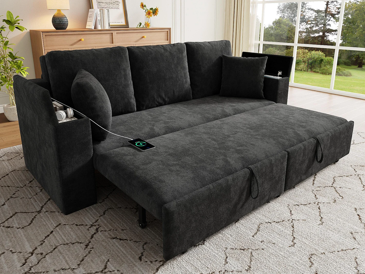 Canapé multifonctionnel 3 en 1 - 3 places - avec espace de rangement - avec port de chargement USB - Tissu chenille - gris