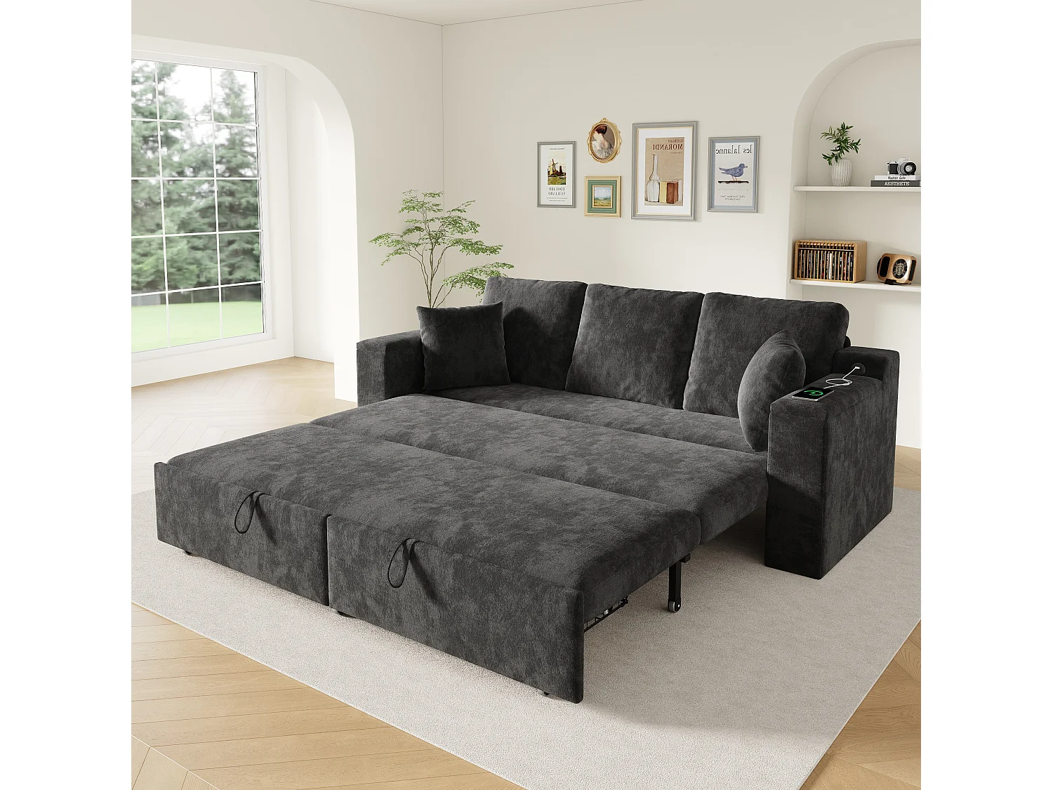 Canapé multifonctionnel 3 en 1 - 3 places - avec espace de rangement - avec port de chargement USB - Tissu chenille - gris