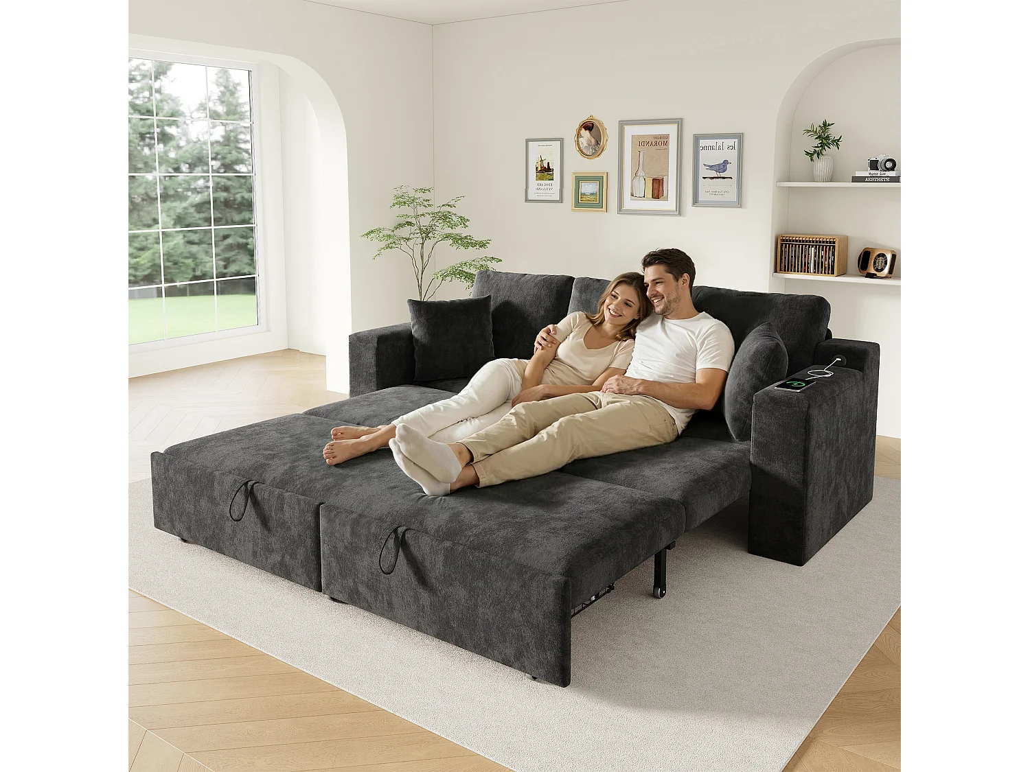 Canapé multifonctionnel 3 en 1 - 3 places - avec espace de rangement - avec port de chargement USB - Tissu chenille - gris