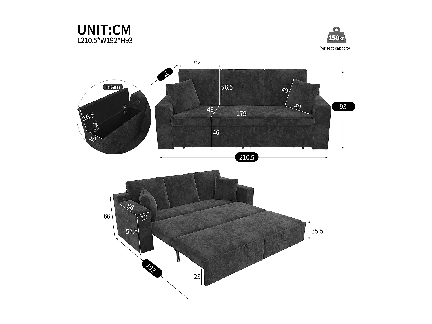 Canapé multifonctionnel 3 en 1 - 3 places - avec espace de rangement - avec port de chargement USB - Tissu chenille - gris