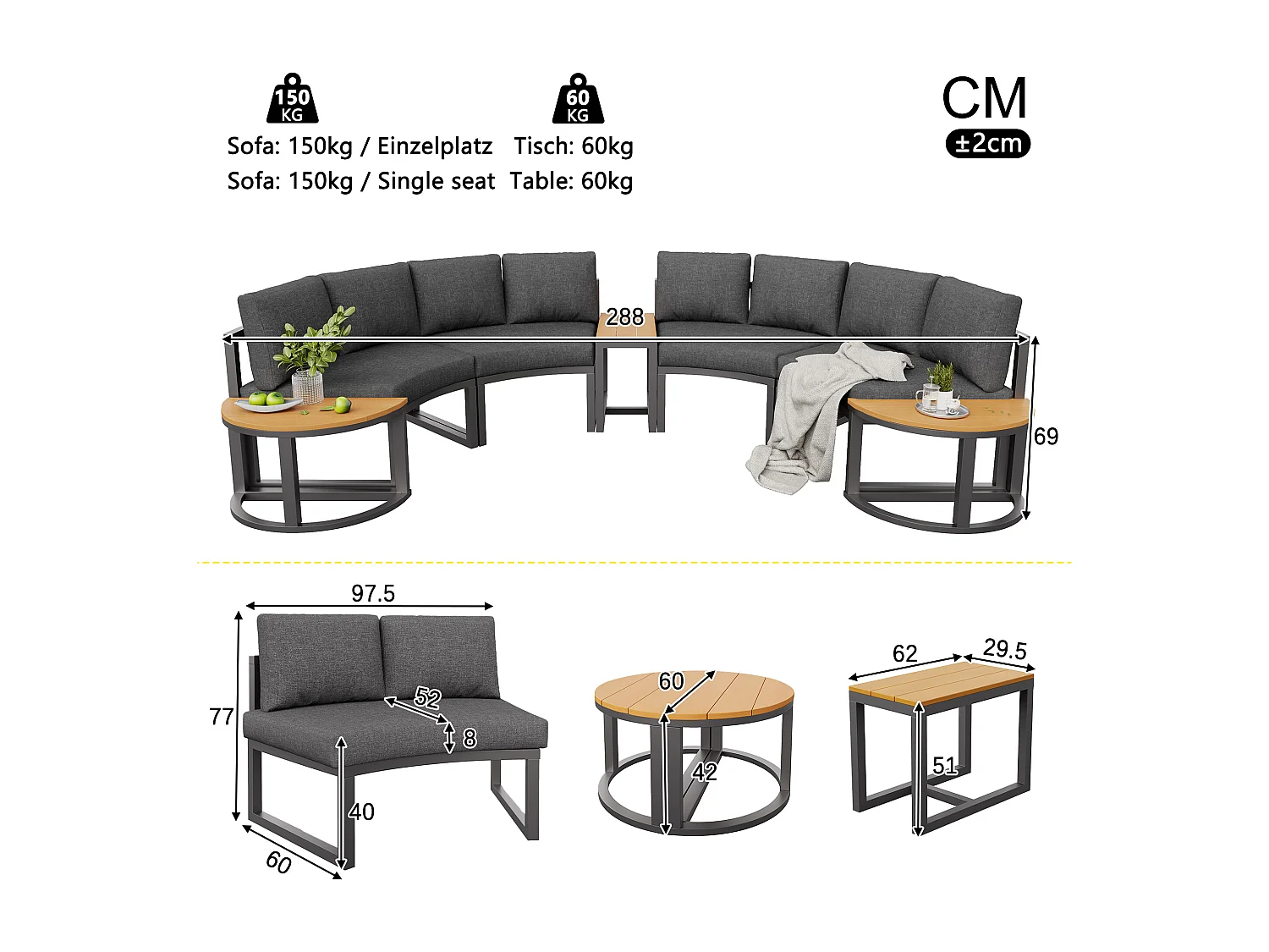 Panoramiczny Salon Ogrodowy 5-7 Osób - 4 Zaokrąglone Kanapy, 2 Fotele Bujane i Stoliki - Konstrukcja Metalowa i Olifen - Antracytowy Szary