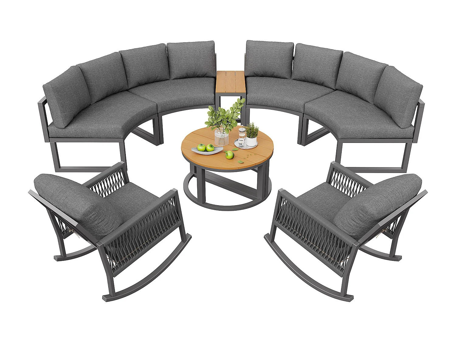 Panoramiczny Salon Ogrodowy 5-7 Osób - 4 Zaokrąglone Kanapy, 2 Fotele Bujane i Stoliki - Konstrukcja Metalowa i Olifen - Antracytowy Szary