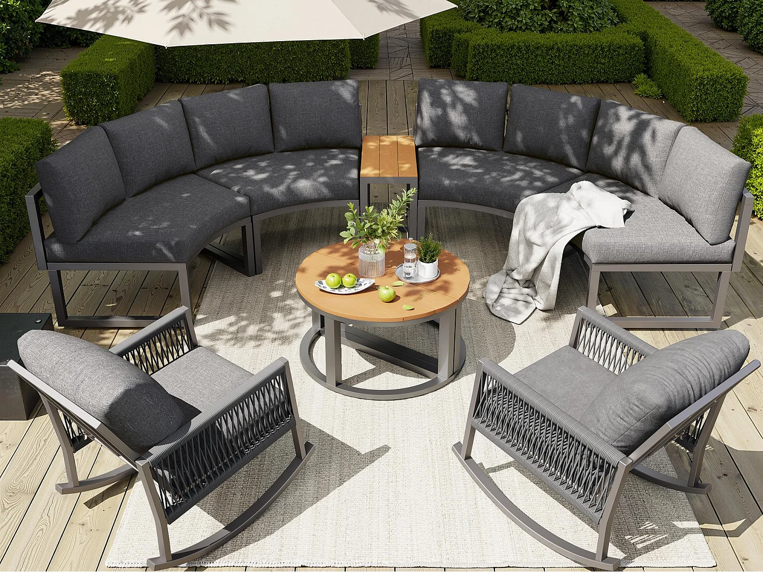 Panoramiczny Salon Ogrodowy 5-7 Osób - 4 Zaokrąglone Kanapy, 2 Fotele Bujane i Stoliki - Konstrukcja Metalowa i Olifen - Antracytowy Szary