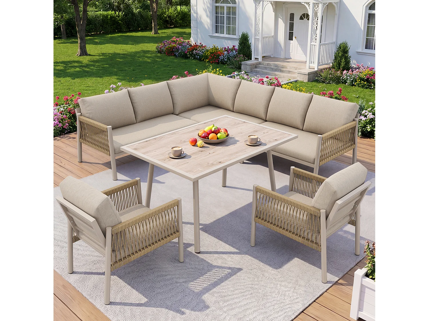 Saloon Ogrodowy Jadalniany w Kształcie L 7-8 Osób - Stół ze Szklanym Blatem w Stylu Drewna, Kanapa i 2 Fotele z Plecionego Sznurka - Stal i Poliester - Beżowy