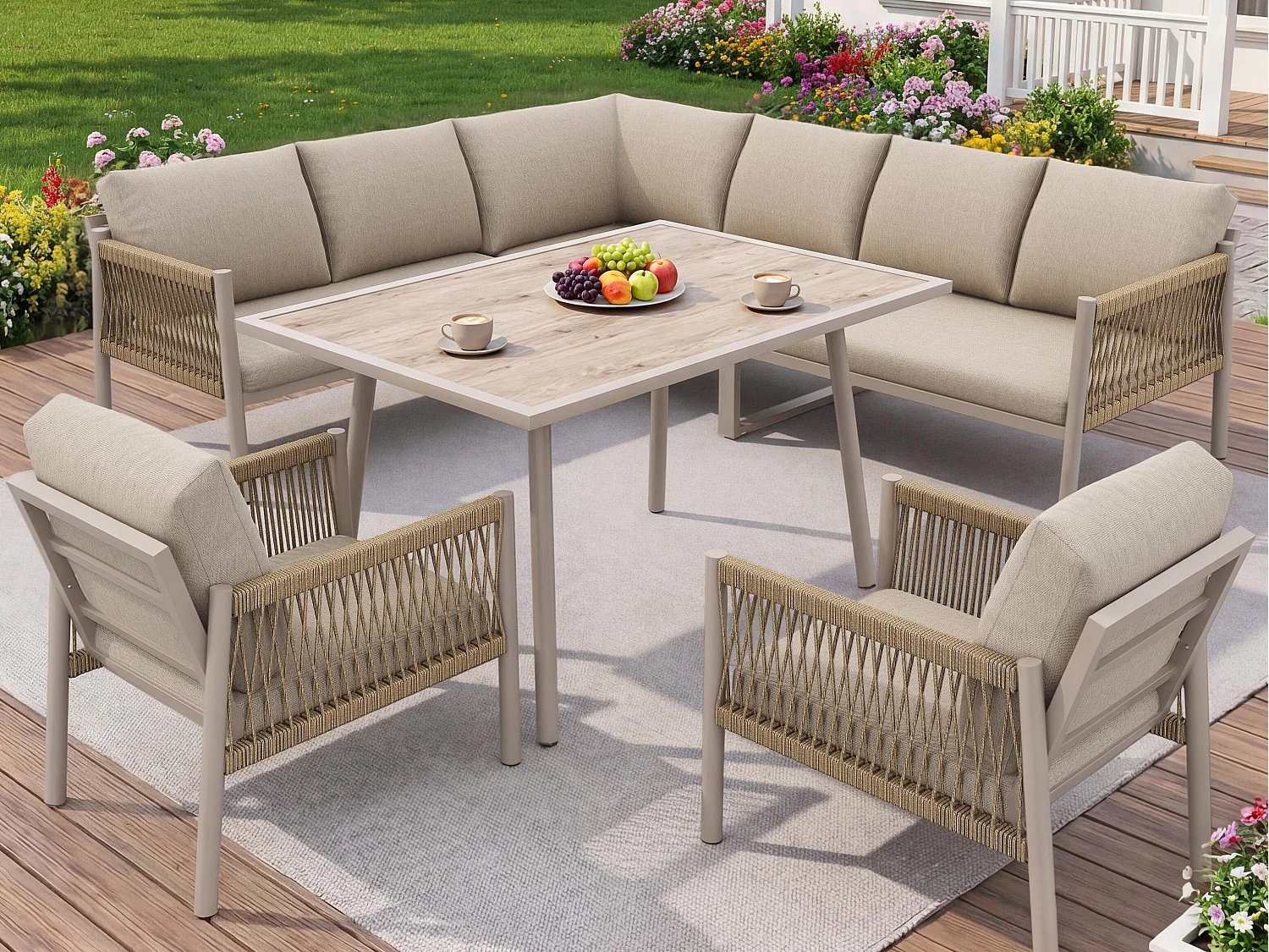 Saloon Ogrodowy Jadalniany w Kształcie L 7-8 Osób - Stół ze Szklanym Blatem w Stylu Drewna, Kanapa i 2 Fotele z Plecionego Sznurka - Stal i Poliester - Beżowy
